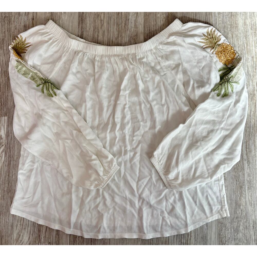 Marfinno | Women's Embroidered Pineapples Flowy Peasant Boho Blouse | Medium
